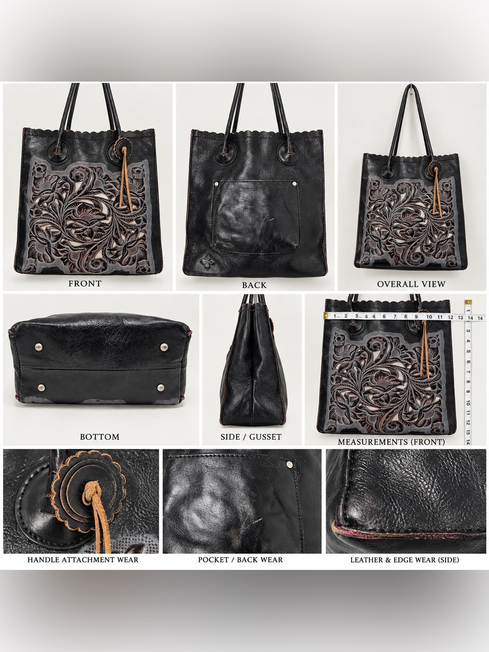 Patricia Nash Cavo Black Tooled Leather Floral Cutout Tote Western Boho